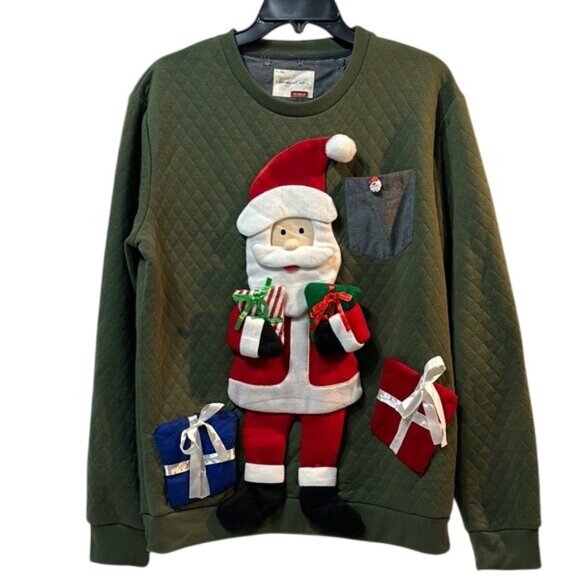 3D Ugly Christmas Sweater Santa Reindeer Gifts Unisex XL Olive Green Upcycle - Picture 1 of 10
